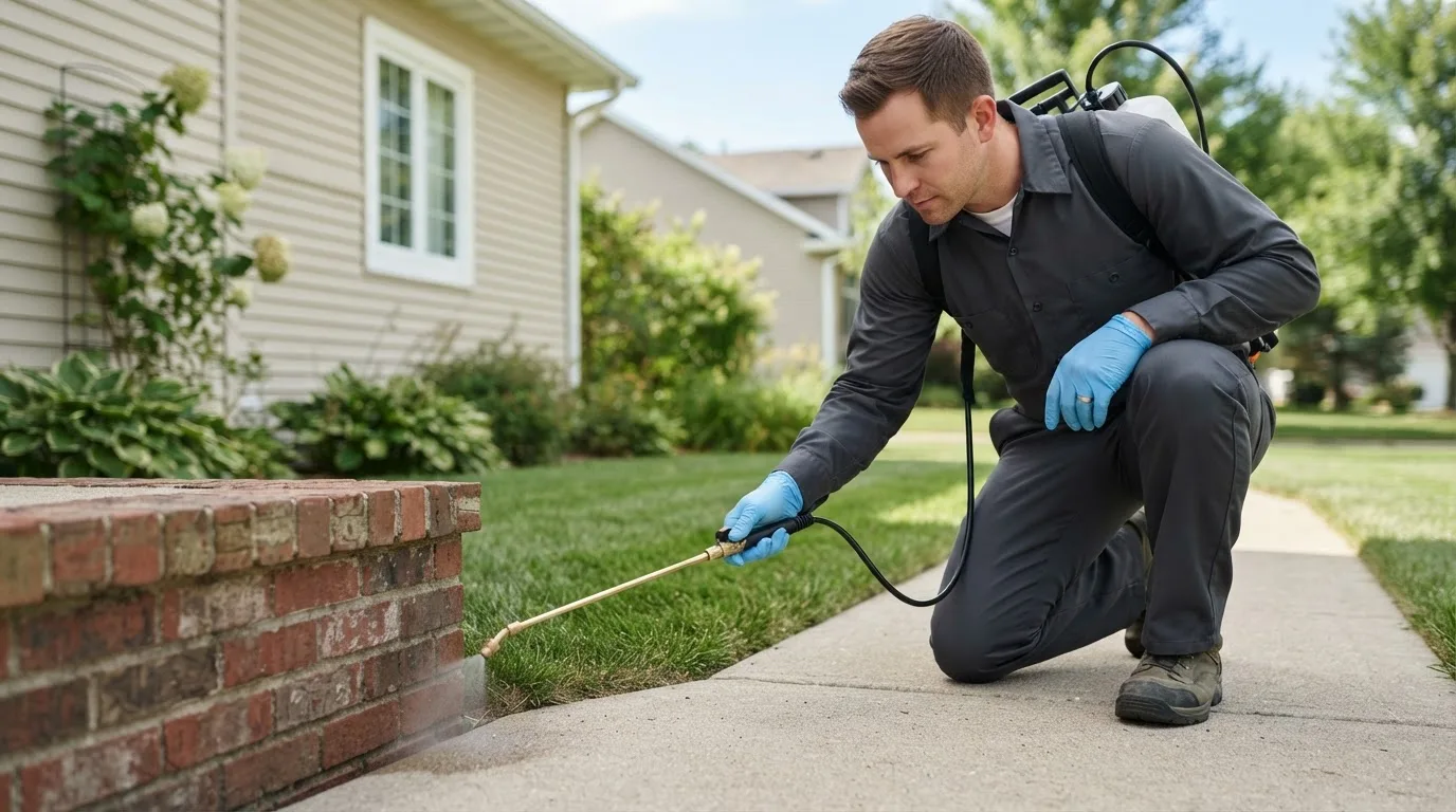 Pest control technician treating a home near Linwood, KS