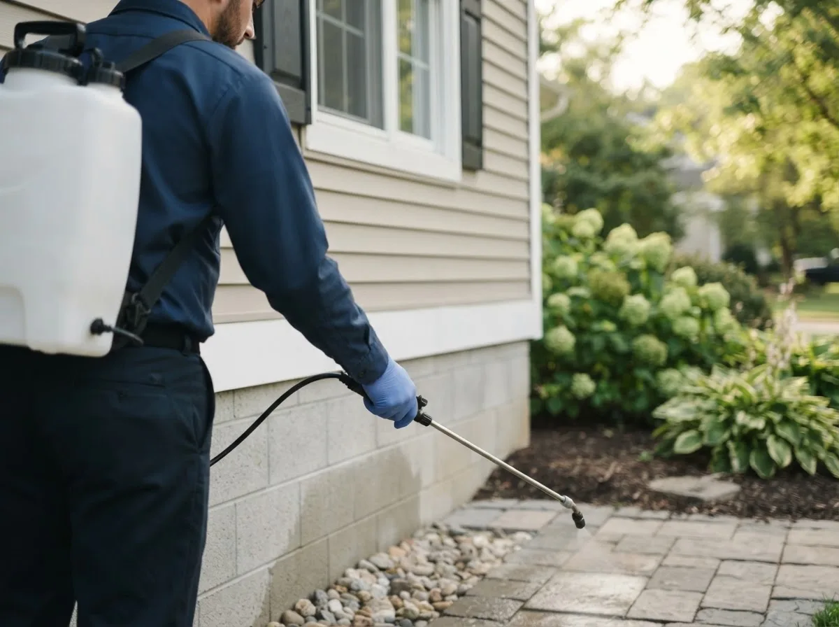Pest control technician inspecting a home in Linwood, KS